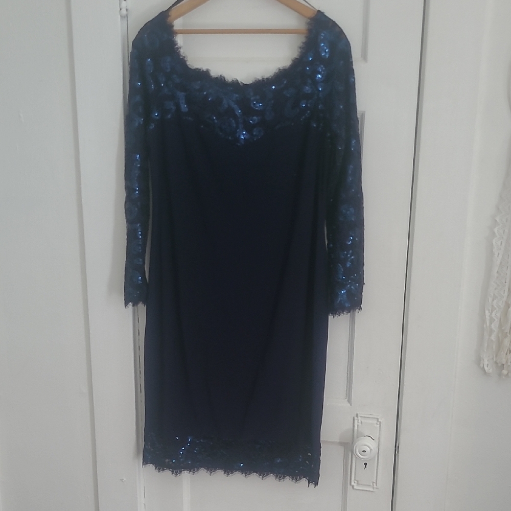 MARINA Blue Sheath Dress 3/4 Sleeve Scoop Neck